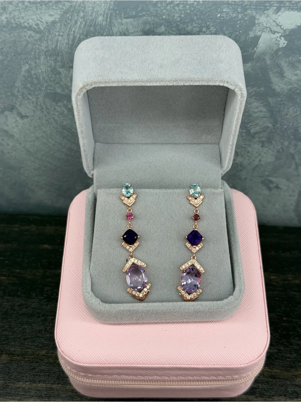 STUNNING! Natural Amethyst, Garnet, Topaz Dangle Earrings 14K Rose Gold over SS